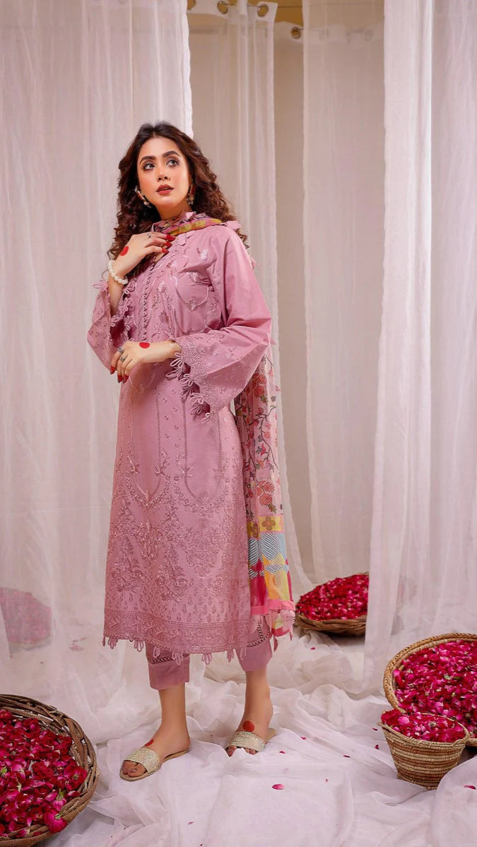 Embroidered Lawn 3pc with Silk Dupatta D-542