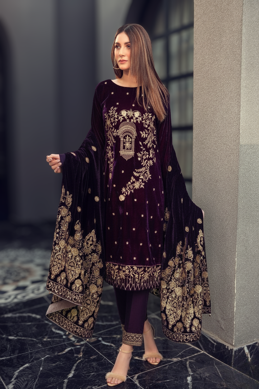 ZARA JAHAN 7445-3PC Velvet Embroidered Dress With Embroidered Velvet Shawl