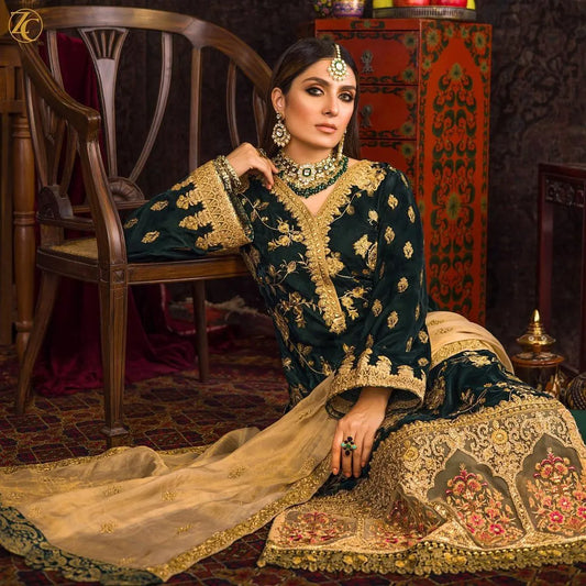 ZARA JAHAN 983-3 PC Velvet Embroidered Shirt With Organza Embroidered Dupatta