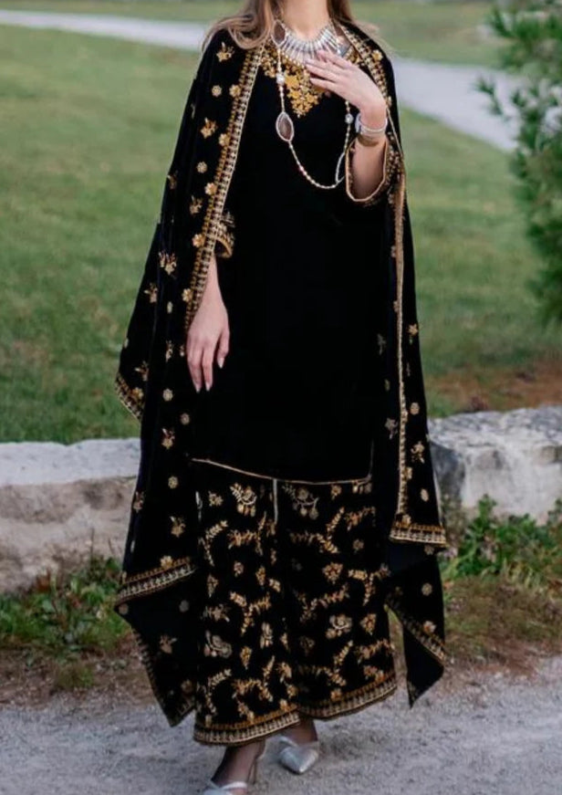 ZARA JAHAN 303 - Embroidered Velvet 3-Piece Dress with Velvet Shawl