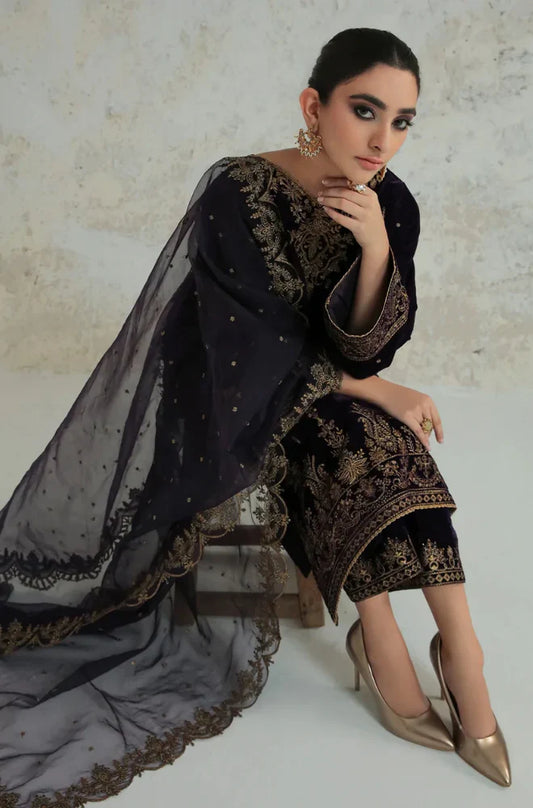 ZARA JAHAN 966-3PC Velvet Dress With Embroidered Organza Dupatta