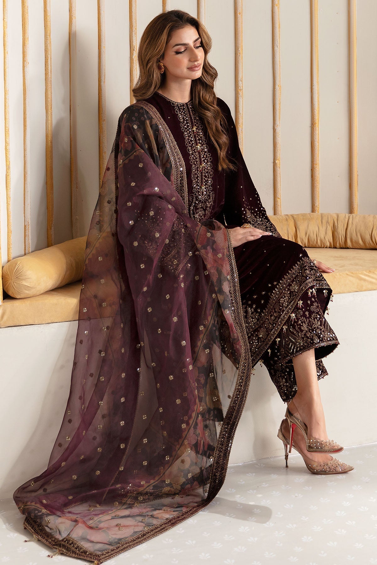 ZARA JAHAN 750 - Embroidered Velvet 3-Piece Dress with Organza Dupatta