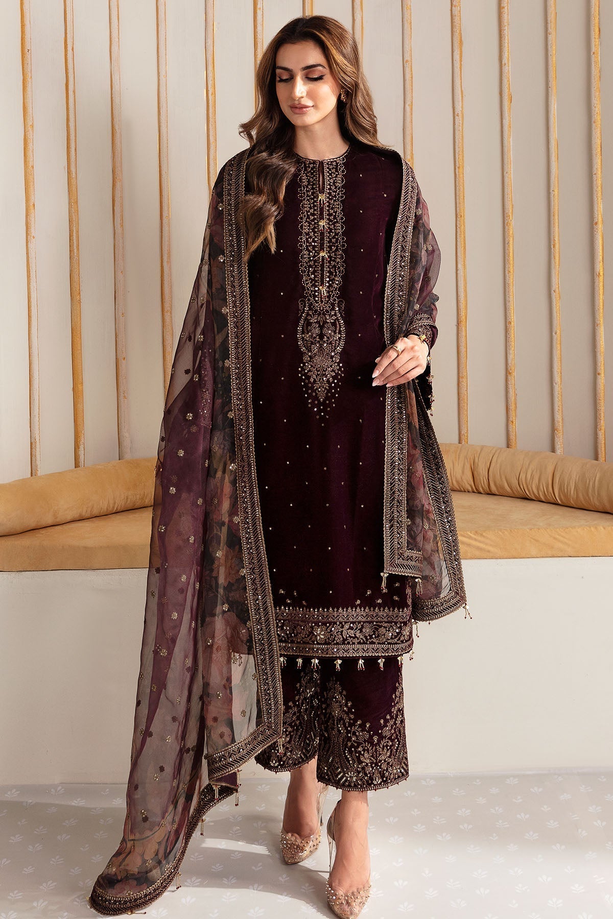 ZARA JAHAN 750 - Embroidered Velvet 3-Piece Dress with Organza Dupatta