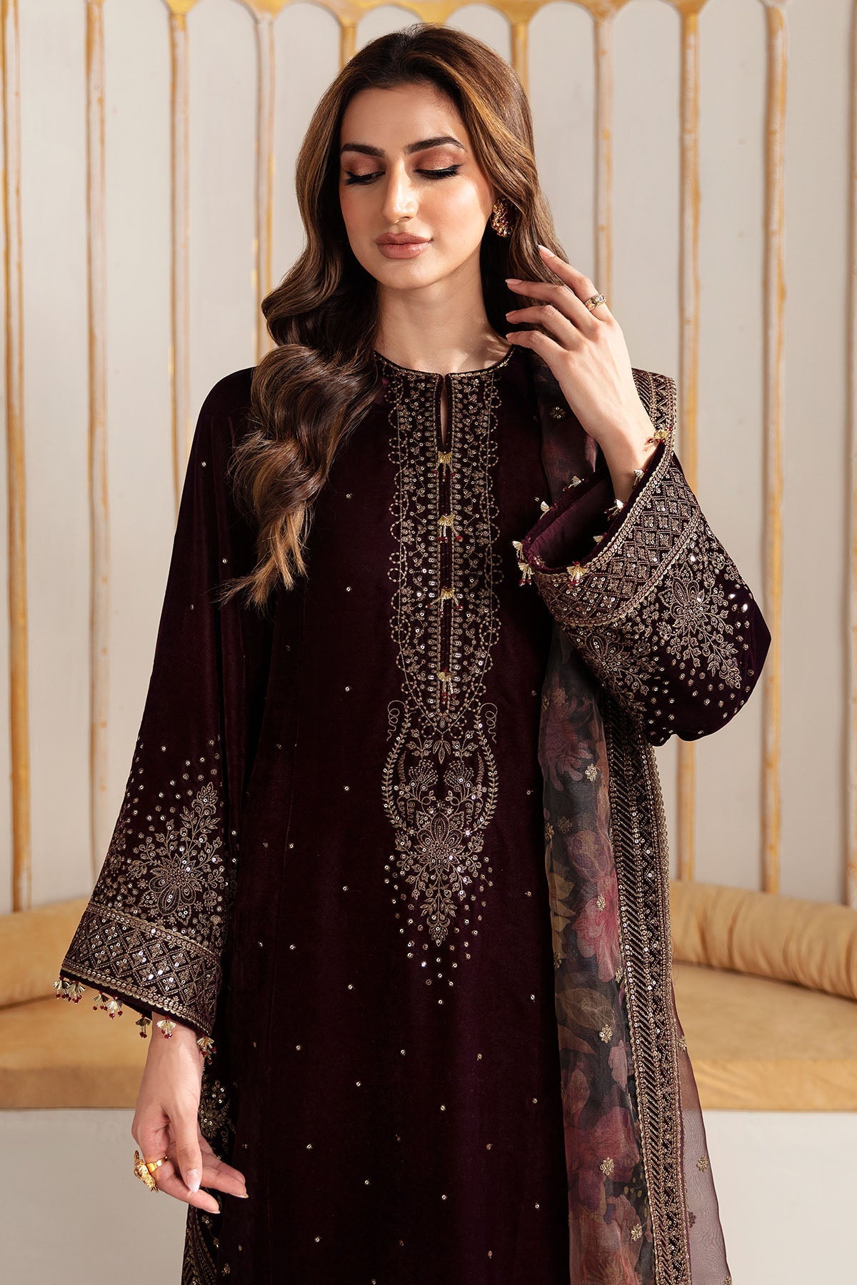 ZARA JAHAN 750 - Embroidered Velvet 3-Piece Dress with Organza Dupatta