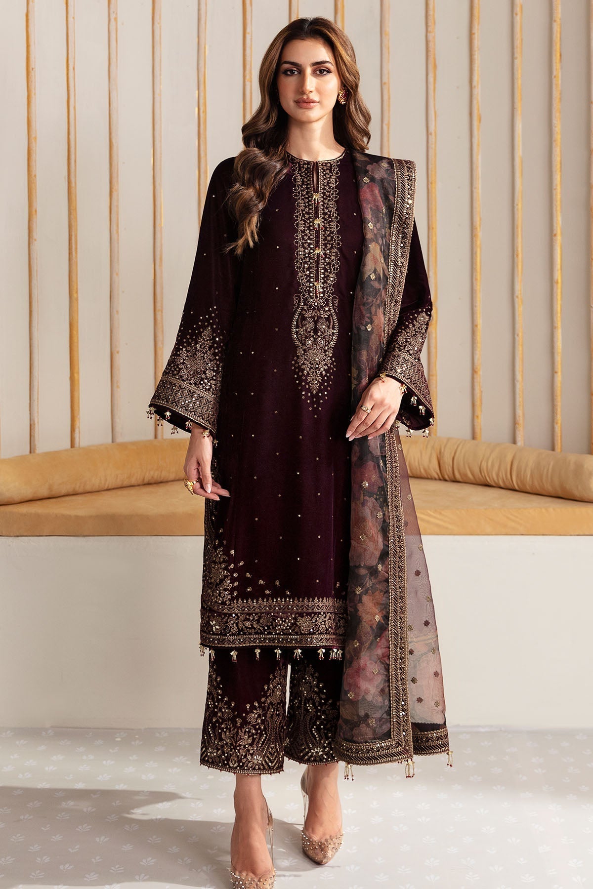 ZARA JAHAN 750 - Embroidered Velvet 3-Piece Dress with Organza Dupatta
