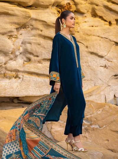ZARA JAHAN 430 - Embroidered Velvet Dress with Printed Karandi shawl
