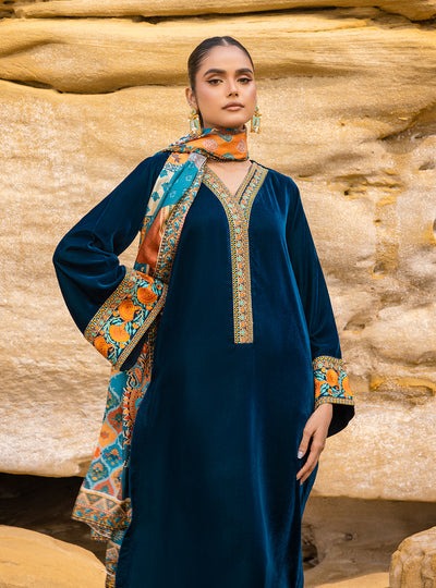 ZARA JAHAN 430 - Embroidered Velvet Dress with Printed Karandi shawl
