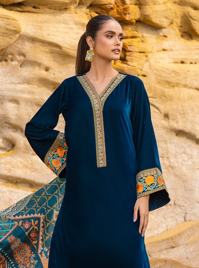 ZARA JAHAN 430 - Embroidered Velvet Dress with Printed Karandi shawl