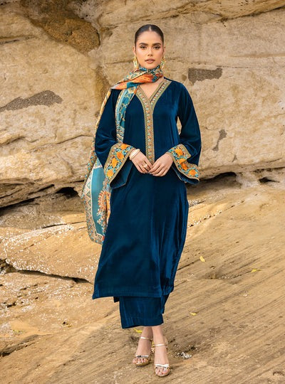 ZARA JAHAN 430 - Embroidered Velvet Dress with Printed Karandi shawl