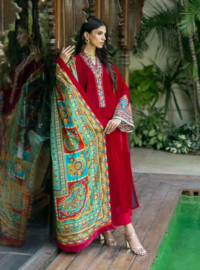 ZARA JAHAN  D-805- Winter Velvet Dress with Printed Dhanak Shawl