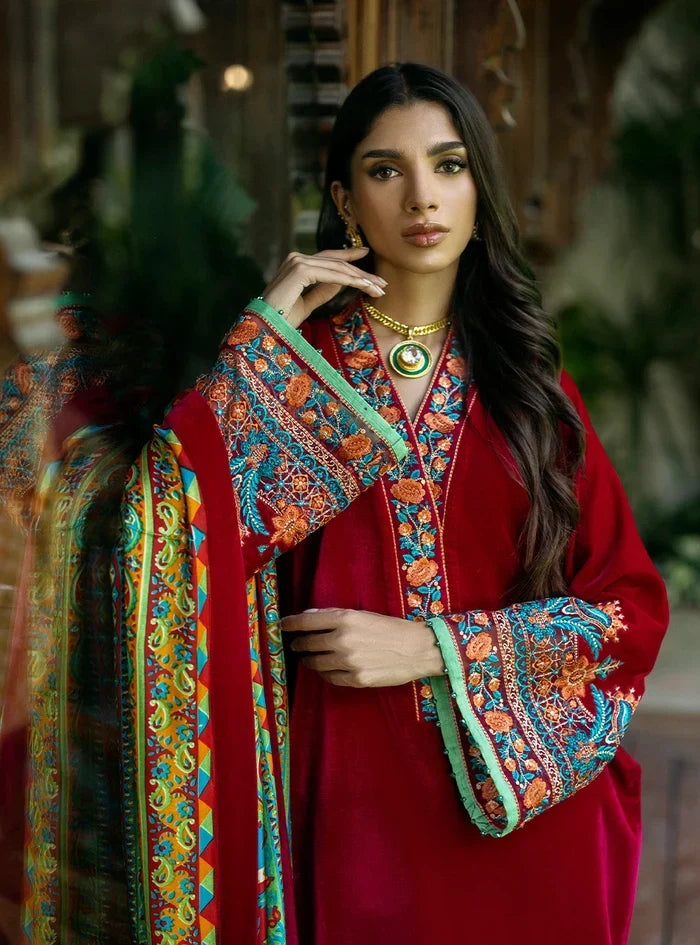 ZARA JAHAN  D-805- Winter Velvet Dress with Printed Dhanak Shawl