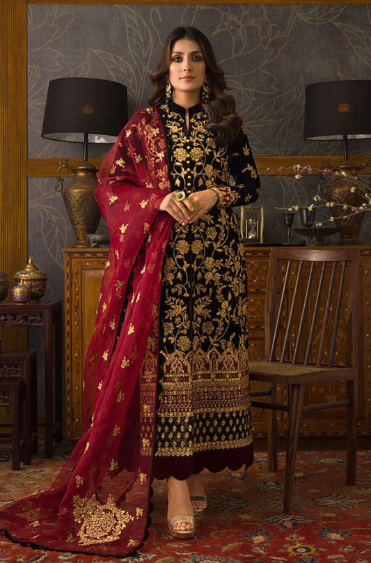 ZARA JAHAN 299 3PC Velvet Embroidered Shirt With Organza  Embroidered Dupatta