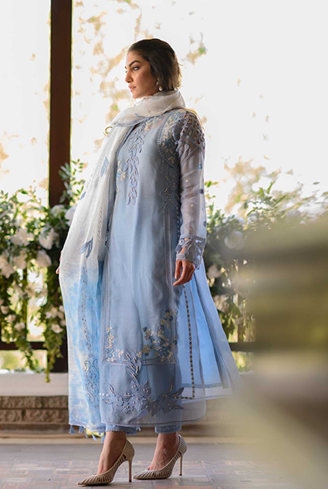 Nadia Farooqi-Embroidered 3pc organza dress with organza duppata. D-3