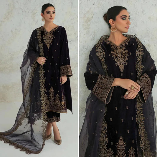ZARA JAHAN 966-3PC Velvet Dress With Embroidered Organza Dupatta