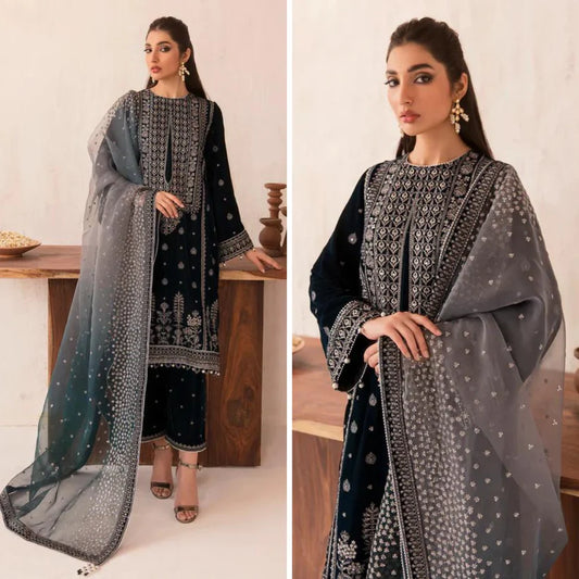 ZARA JAHAN 962-3PC Velvet Embroidered Dress With Embroidered Organza Dupatta