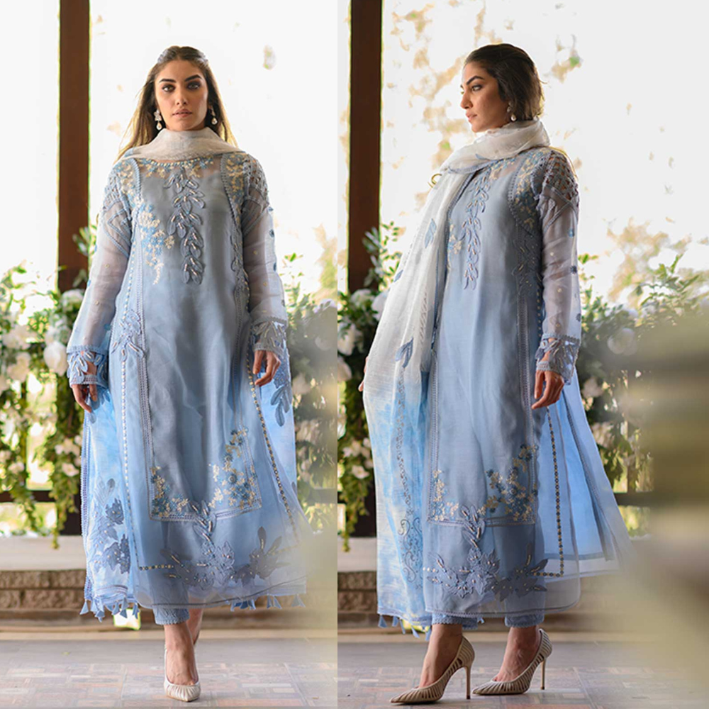 Nadia Farooqi-Embroidered 3pc organza dress with organza duppata. D-3