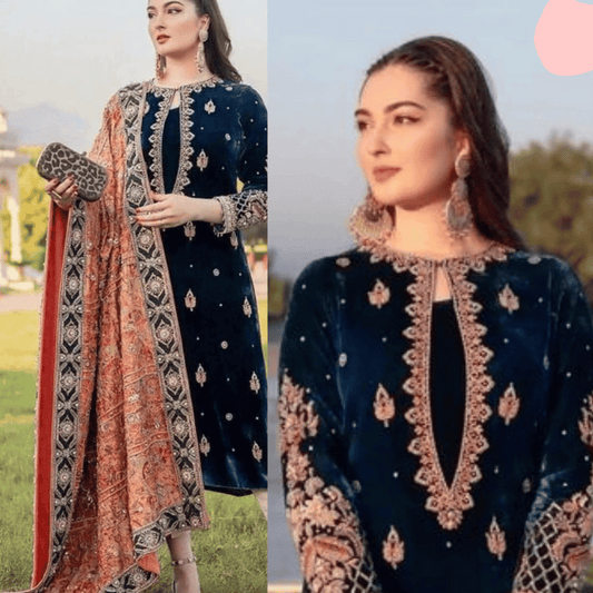 ZARA JAHAN 965-3PC Velvet Embroidered Dress With Dhanak Shawl