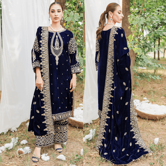 ZARA JAHAN 967-3PC Velvet Embroidered Dress With Velvet Embroidered Shawl