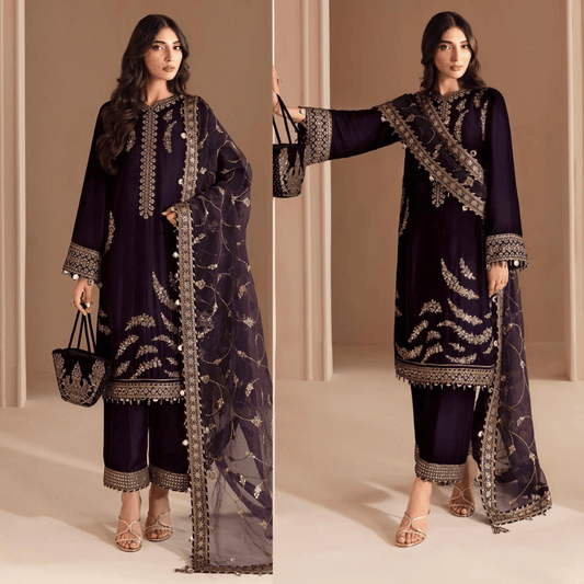 ZARA JAHAN 968-3PC Embroidered Velvet Dress With Shamooz Silk Trouser