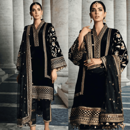 ZARA JAHAN 969-3PC Velvet Embroidered Dress With Organza Embroidered Shawl