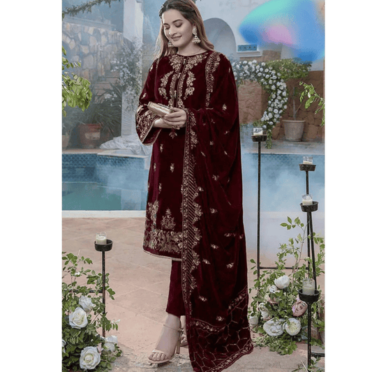 ZARA JAHAN 970-3PC Embroidered Velvet Dress With Velvet Shawl