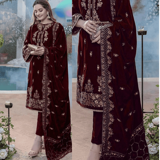 ZARA JAHAN 970-3PC Embroidered Velvet Dress With Velvet Shawl