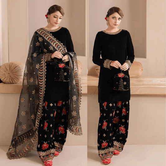 ZARA JAHAN 978-3PC Embroidered Velvet Dress With Organza embroidered Dopata