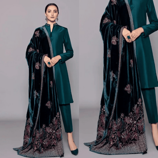 ZARA JAHAN 982- 3PC Shamoz Silk Dress Embroidered Velvet Shawl