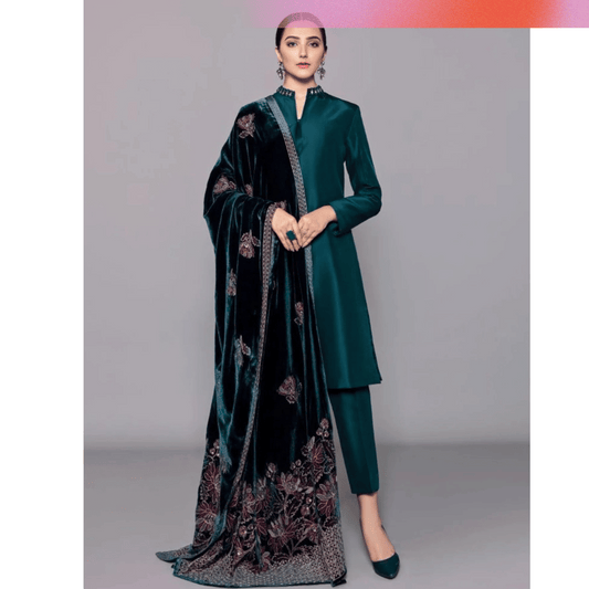 ZARA JAHAN 982- 3PC Shamoz Silk Dress Embroidered Velvet Shawl