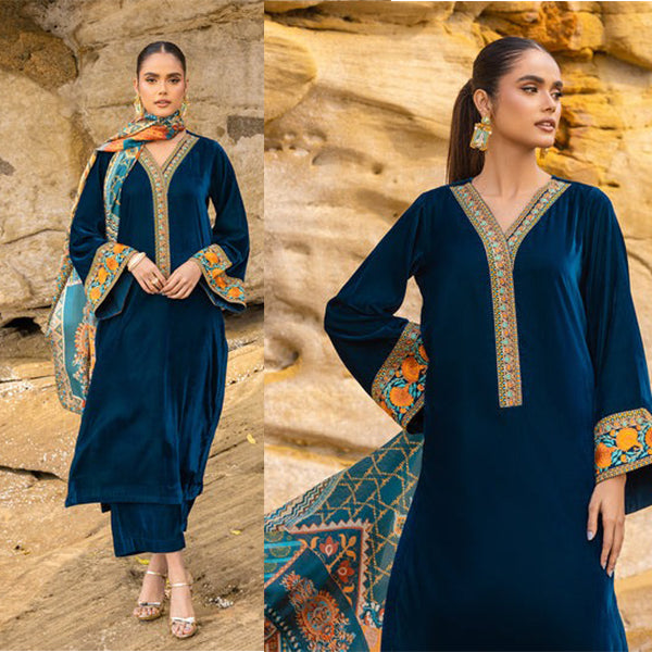 ZARA JAHAN 430 - Embroidered Velvet Dress with Printed Karandi shawl