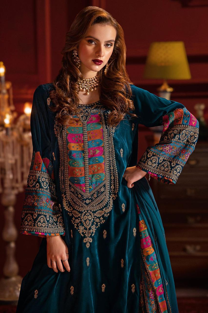 ZARA JAHAN 744 Embroidered Velvet Dress with Printed