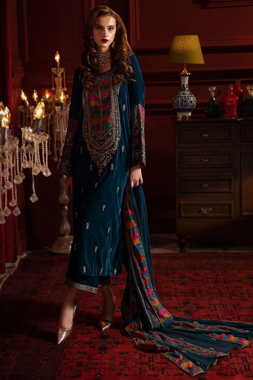 ZARA JAHAN 744 Embroidered Velvet Dress with Printed