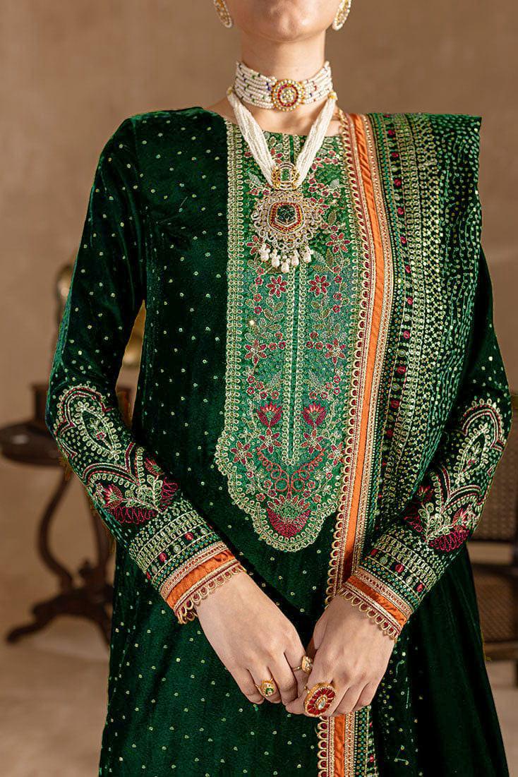 ZARA JAHAN 974 GREEN-3piece Embroidered Velvet Dress