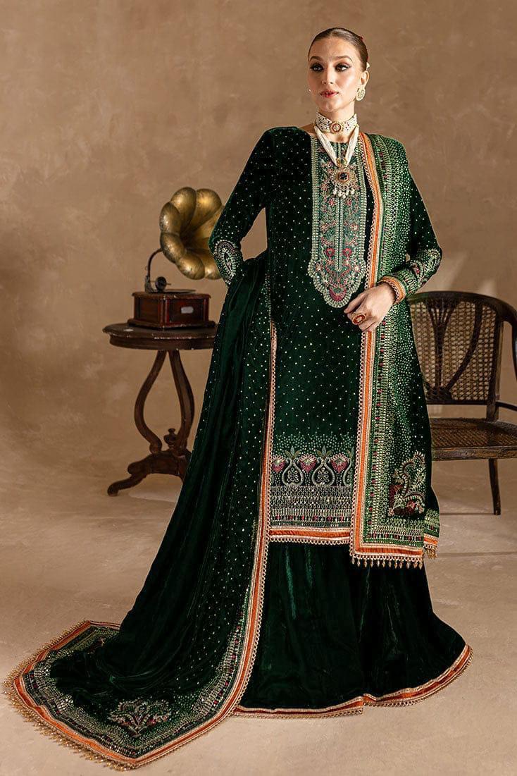 ZARA JAHAN 974 GREEN-3piece Embroidered Velvet Dress