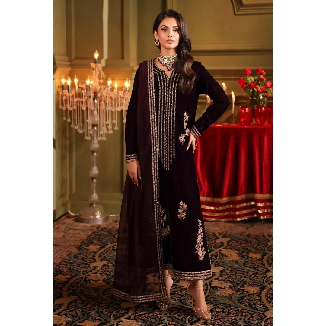 ZARA JAHAN 1022-3PC Velvet Embroidered Dress With Embroidered Chiffon Dupatta