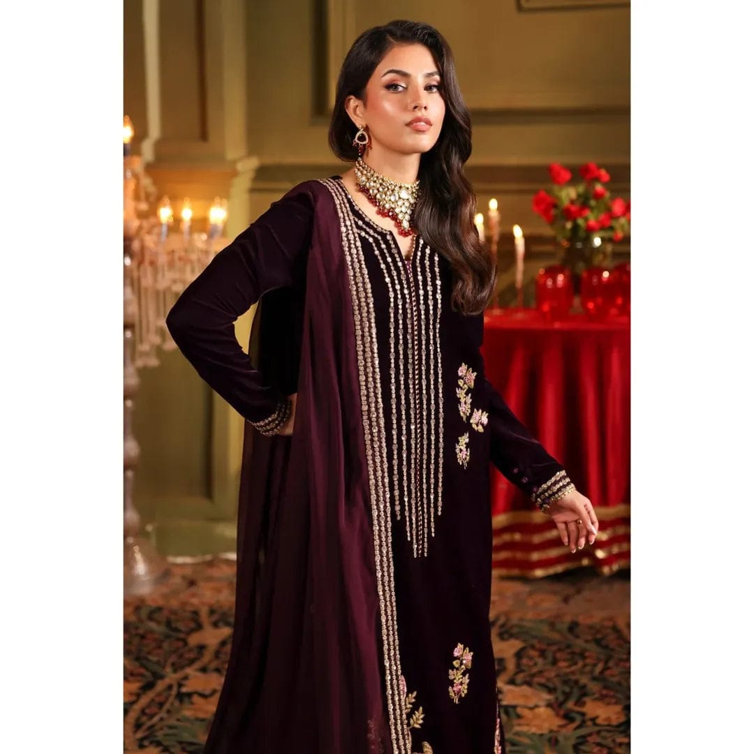 ZARA JAHAN 1022-3PC Velvet Embroidered Dress With Embroidered Chiffon – Zara Jahan
