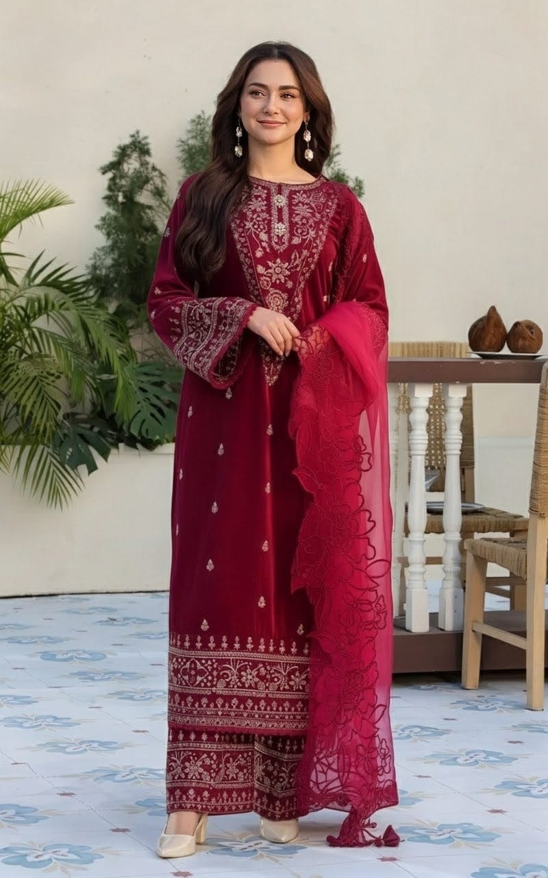 ZARA JAHAN 312 - Embroidered Velvet 3-Piece Dress with Embroidered Organza Dupatta