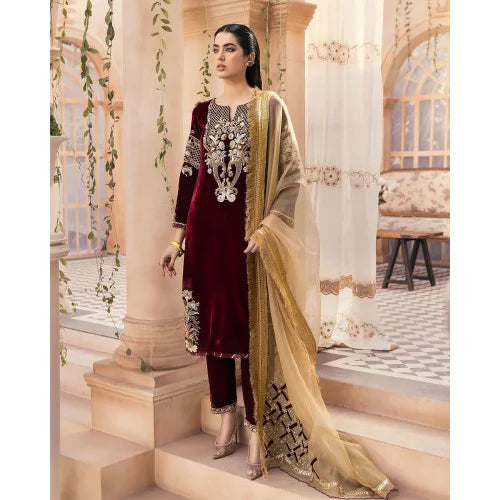ZARA JAHAN 3305 - Embroidered Velvet 3-Piece Dress with Embroidered Organza