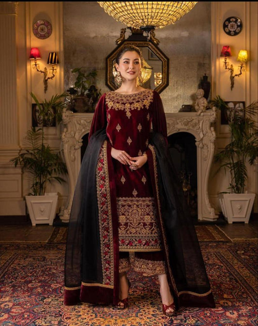 ZARA JAHAN 617 3PC Velvet Embroidered Shirt With Organza Embroidered Dupatta