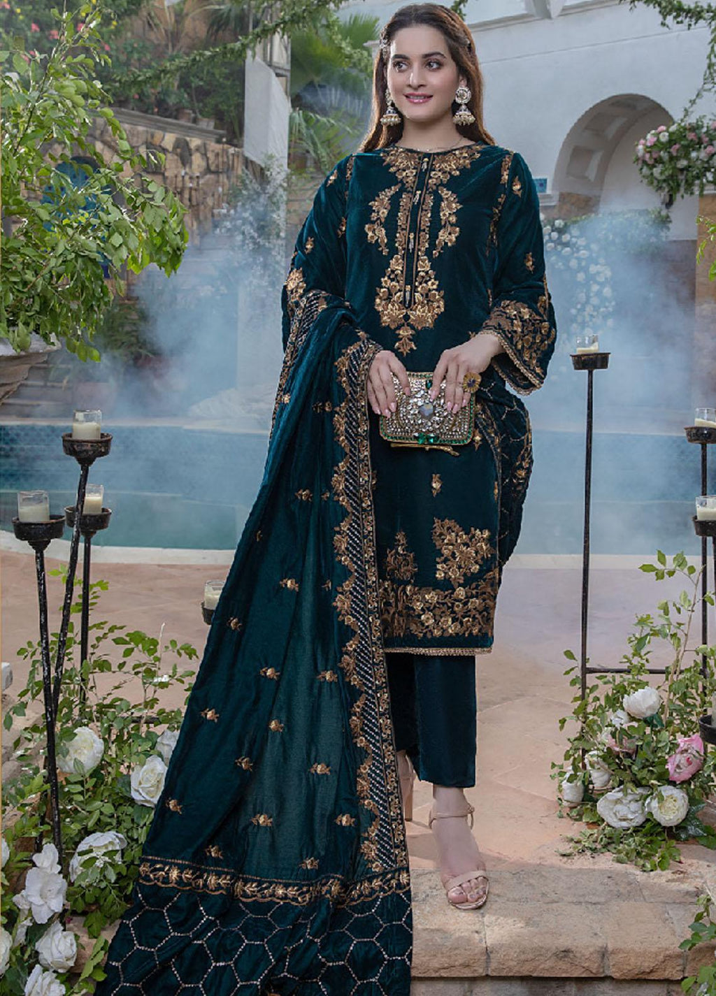 ZARA JAHAN 2050 Sequance Embroidered Velvet Three piece With Velvet Shawl