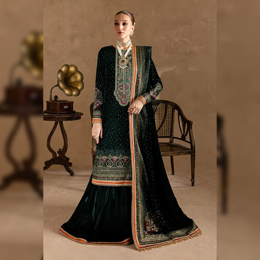 ZARA JAHAN 974-3piece Embroidered Velvet Dress