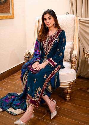 ZARA JAHAN 101 Embroidered Velvet Dress with Wool Shawl