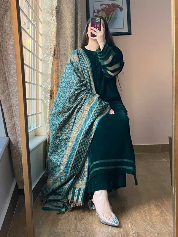 ZARA JAHAN  D-802- Winter Velvet Dress with Printed Dhanak Shawl