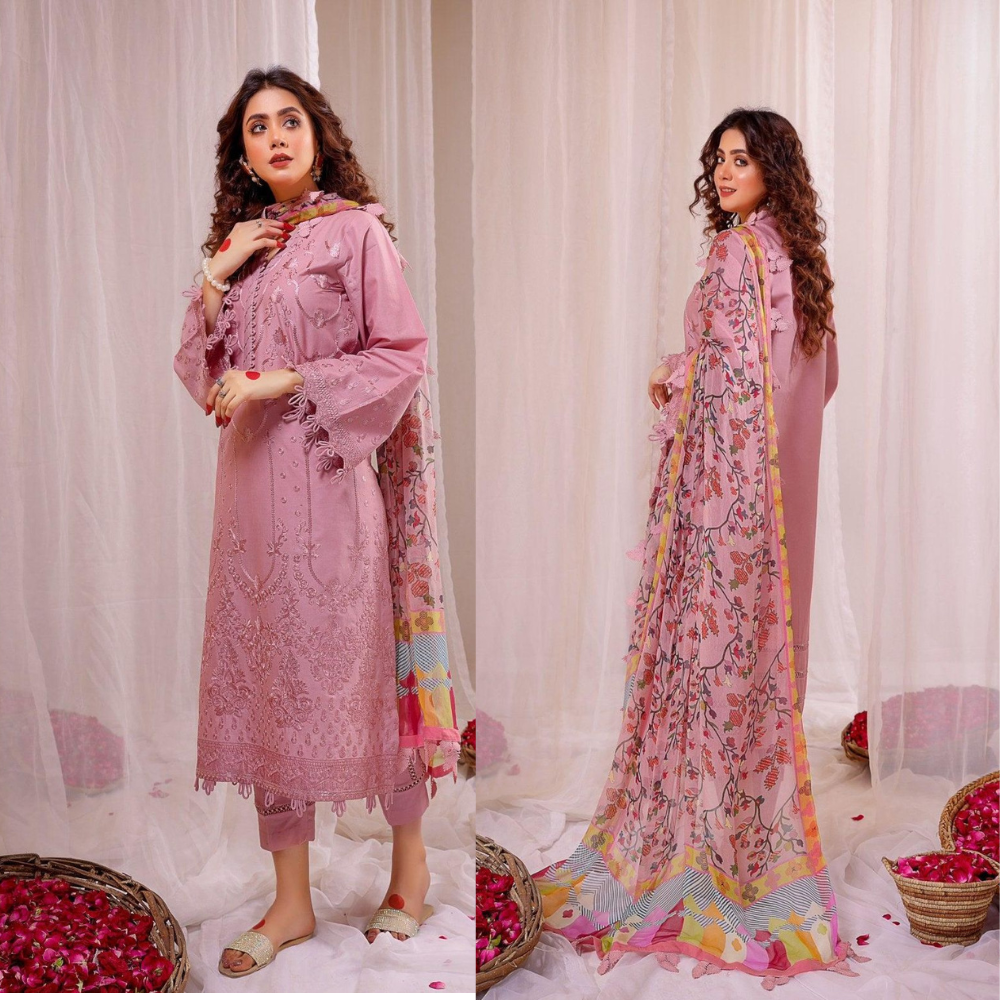 Embroidered Lawn 3pc with Silk Dupatta D-542
