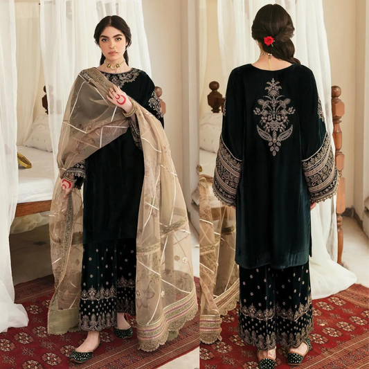 ZARA JAHAN 958-3PCs Embroidered Velvet Dress With Embroidered Organza  Zara  Jahan