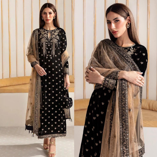 ZARA JAHAN 963-3PCs Embroidered Velvet Dress With Embroidered Organza Dupatta