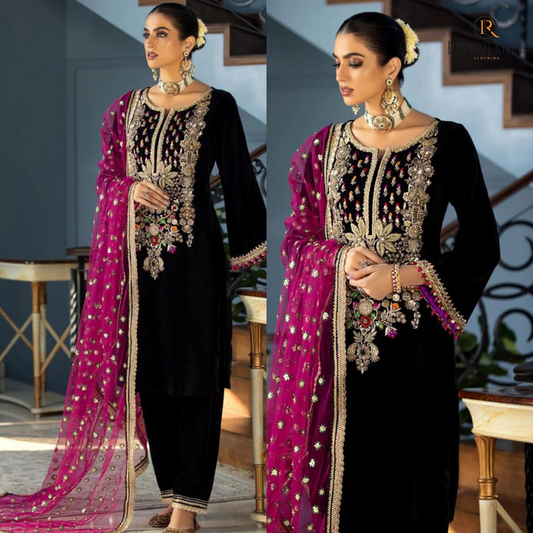 ZARA JAHAN 964-3PCs Velvet Dress With Embroidered Organza Dupatta