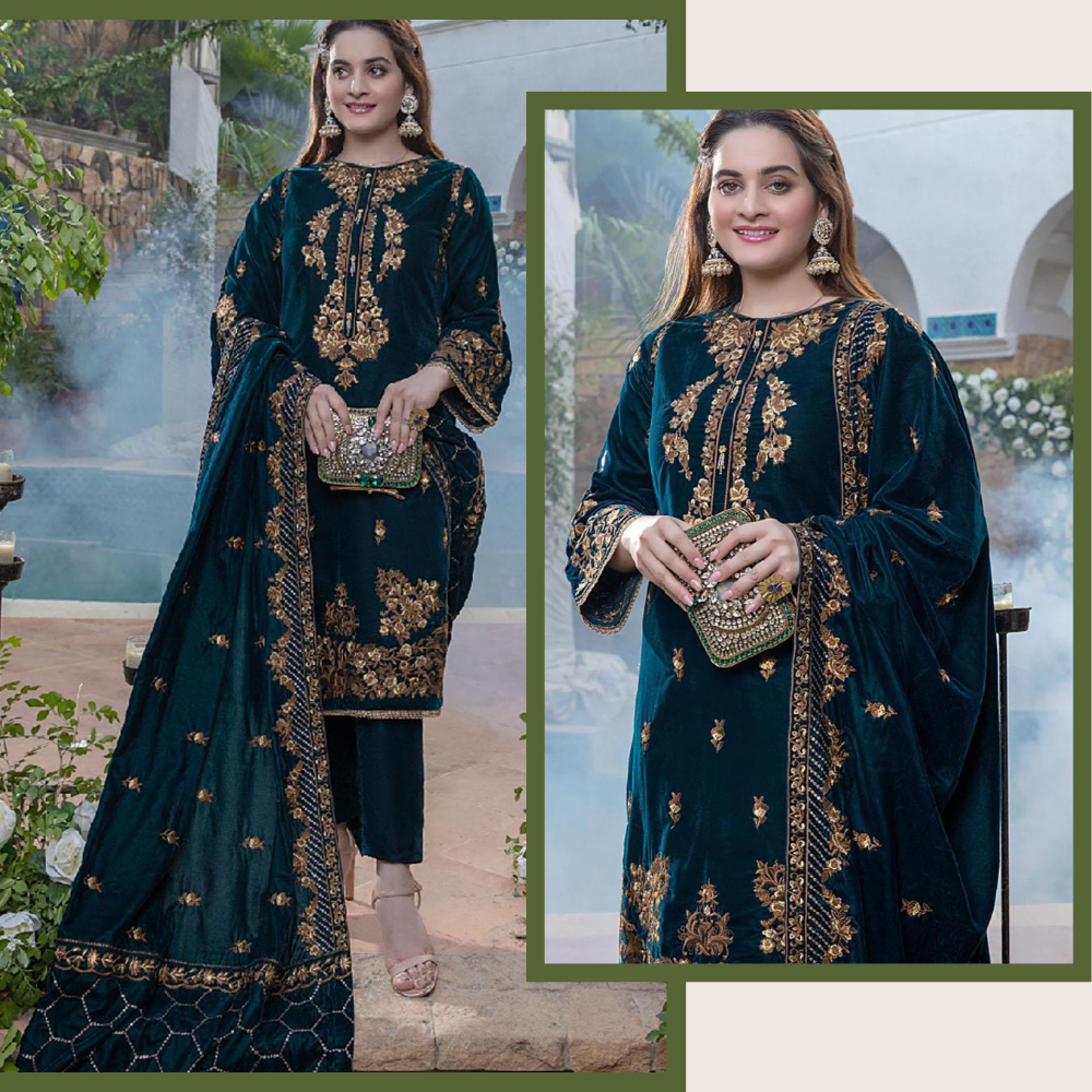 ZARA JAHAN 2050 Sequance Embroidered Velvet Three piece With Velvet Shawl