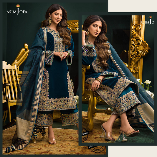 ZARA JAHAN 300 3PC Velvet Embroidered Shirt With Organza Dupatta