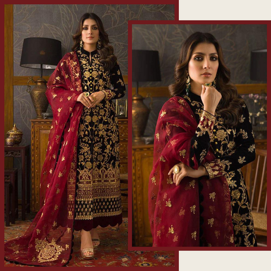 ZARA JAHAN 299 3PC Velvet Embroidered Shirt With Organza  Embroidered Dupatta